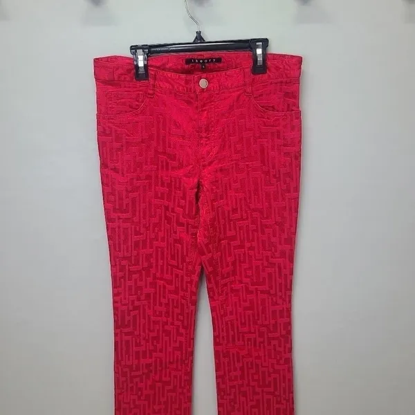 Theory Jeans Straight‎ Leg Geometric Red Denim Size 6 - Image 9