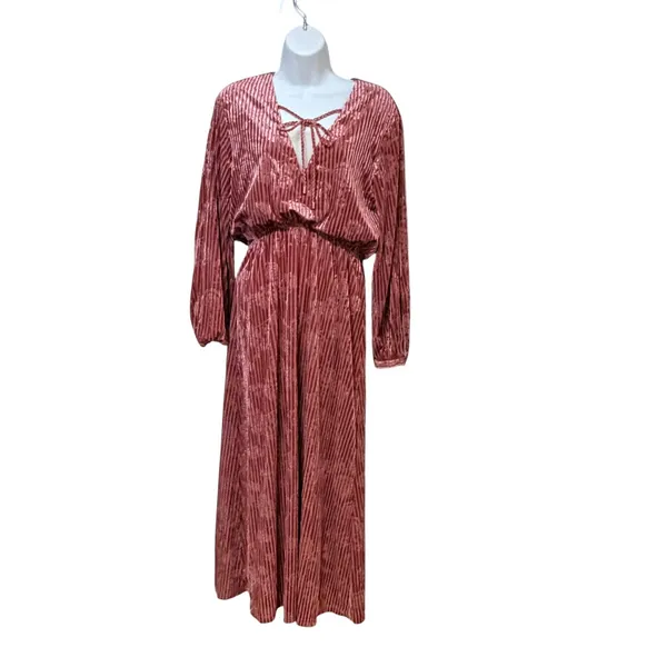 MOTF Premium Pink Velvet Burnout Floral Maxi Dress Lace Up Split Sleeve Small - Image 2