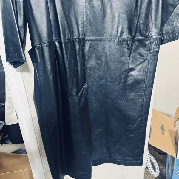 Vtg 90s Global Identity leather Coat womens S black Long 90s Trench Matrix Y2K - Image 11