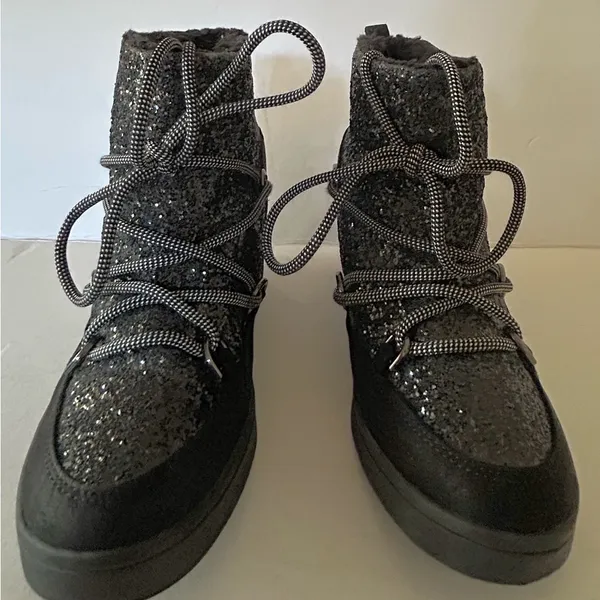Juicy Couture MAREEN Wedge Booties Shoes Black Glitter Women’s Size 7M scuffed - Image 3