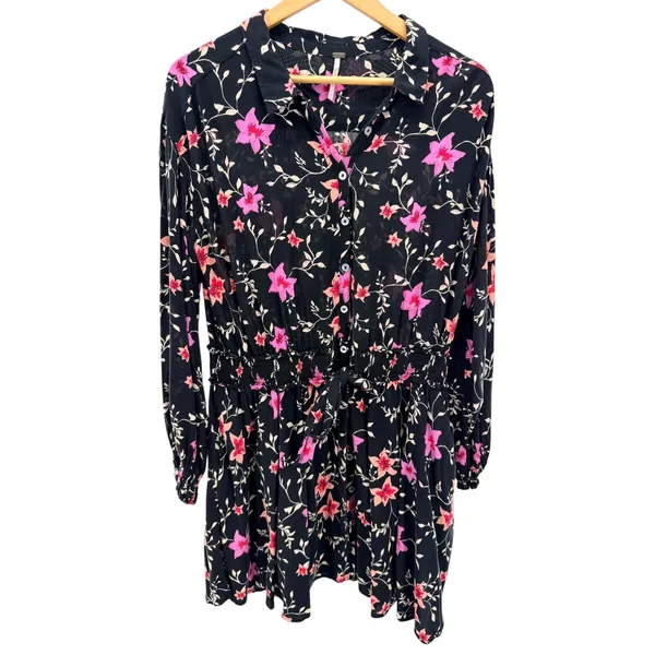 Free‎ People Black Floral Lighten Up Floral Long Sleeve Mini Dress M Smocked - Image 3