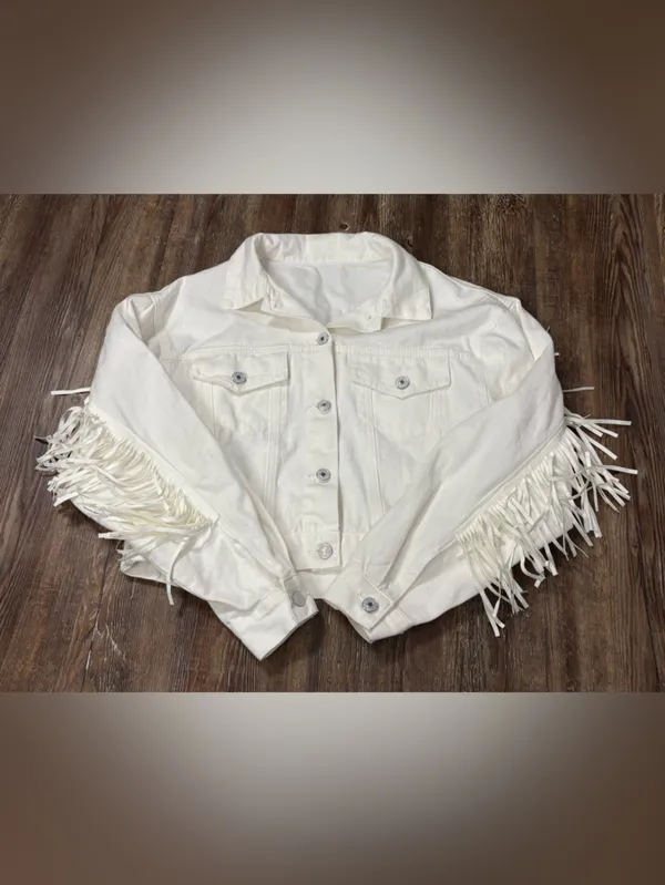 White Fringe Medium Buttondown Jean Jacket Festival Western Cowboy Country - Image 5
