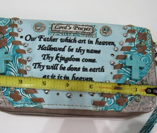 Teal Double Zip Studded Spiritual Tooled Cross Clutch Wallet Cowgirl Y2K - Image 2