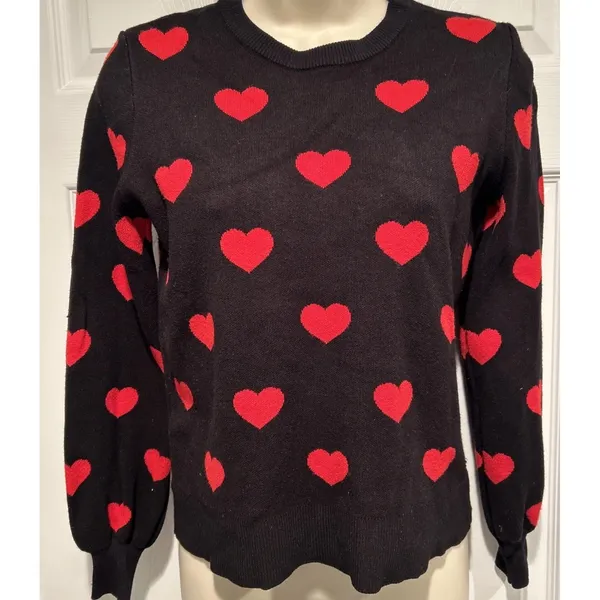 Marled Women's Black & Red Heart Crew Neck Sweater XS Pullover Heart Print - Image 2
