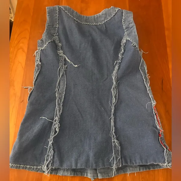 Vintage 70s blue button up vest red trim front pockets Handmade Small - Image 9
