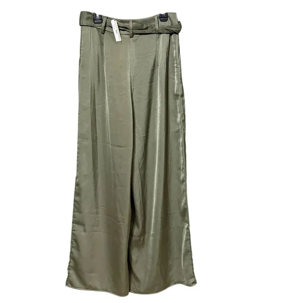 VICI Women Olive Green Satin Wide Leg Belted Pleated Trousers Size Small - Image 2