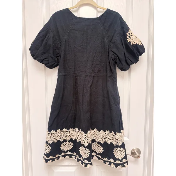 Anthropologie‎ Orla Mini Dress Embroidered Puff Sleeve V-Neck Navy Blue Cream 12 - Image 3