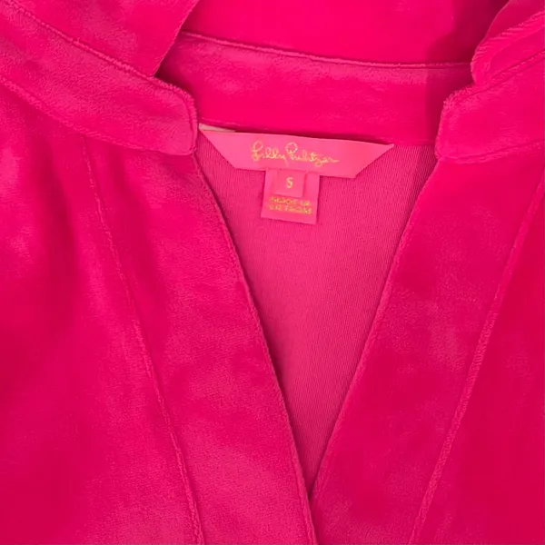 LILLY PULITZER August Velour Pullover Pink Palms Solid Polo Collar Bright Small - Image 10