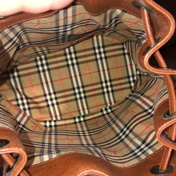 BURBERRYS Brown Leather Drawstring Bucket Bag Nova Check Lining VINTAGE - Image 3