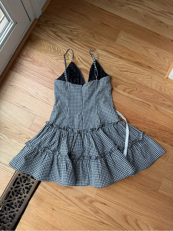 Lucy in the Sky Black White Gingham Tiered Mini Dress Size Small - Image 3