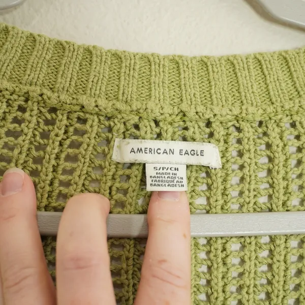 American Eagle Small Sage Green Open Knit Cropped Cardigan Sweater Distressed - Image 3