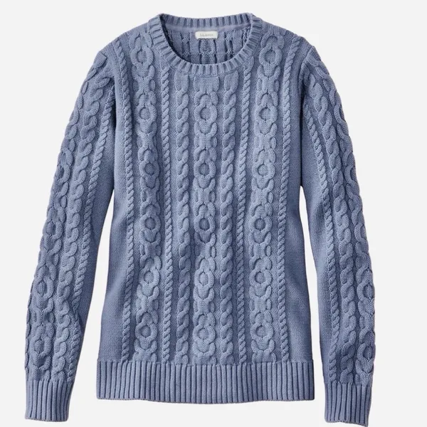 LL Bean Blue Double L Mixed Cable‎ Crew Neck Pullover Sweater Size MEDIUM - Image 3