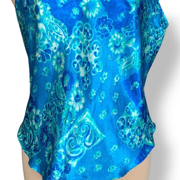 Vintage California Dynasty Blue Floral‎ Satin Scoop Neck Camisole Tank Top Large - Image 3