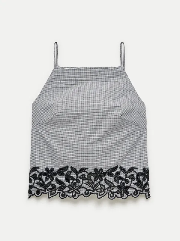 J.Crew Black & White Micro Gingham Floral Embroidered 100% Cotton Poplin Top 00 - Image 9