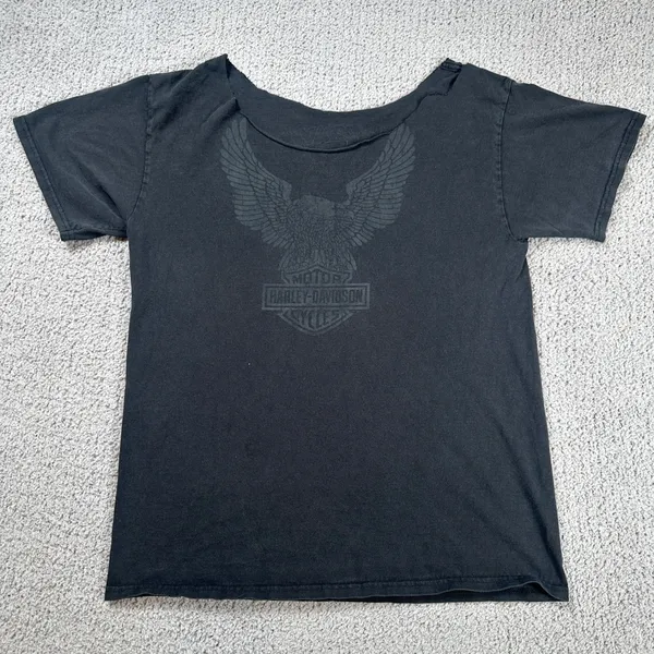Rare Harley Davidson Dubai UAE T Shirt Top Women Black Eagle Graphic Cutout Neck - Image 2