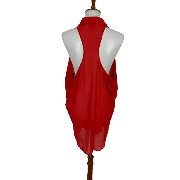 W By Wenjie Red Top Large Sleeveless Button‎ Down Bold Statement Cottagecore - Image 4