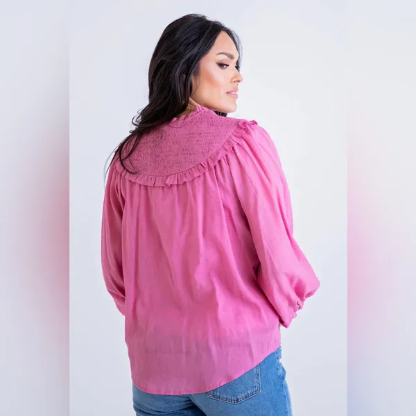 Karlie‎ Large Pink Linen Smock Top Button Up Long Sleeve Lightweight Ruffle NWOT - Image 4
