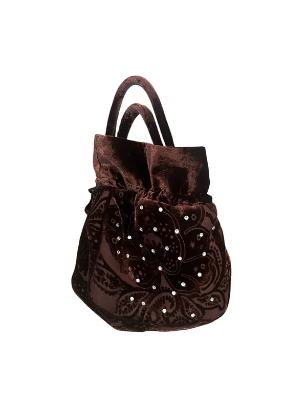 Rich Brown Velvet Drawstring Bucket Bag Ornate Tonal Paisley Rhinestones - Image 2
