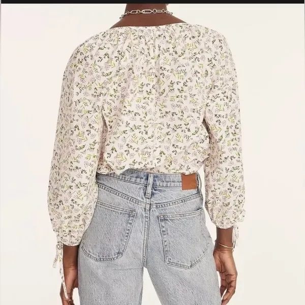 J.Crew Tie-Sleeve Button-Front Cotton Poplin Blouse Meadow Floral Cottagecore M - Image 3