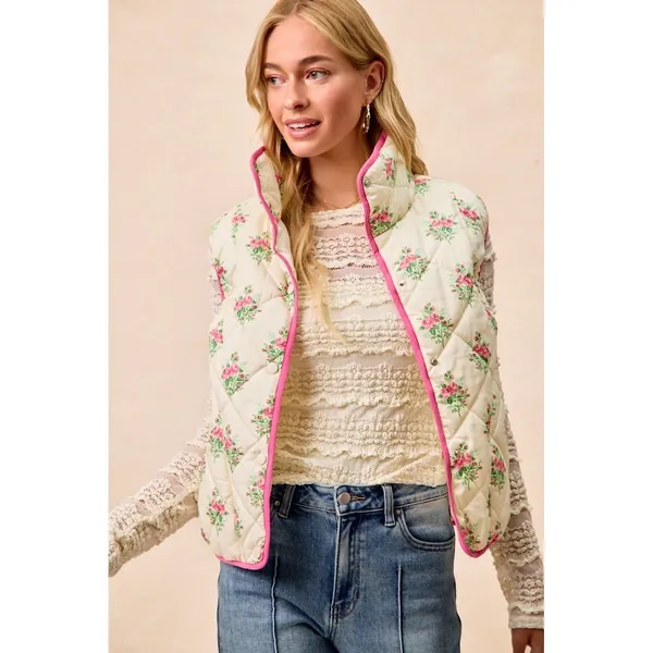 BiBi Floral Print Piping Detail Quilted Vest - Cream/Pink - Large - Image 9