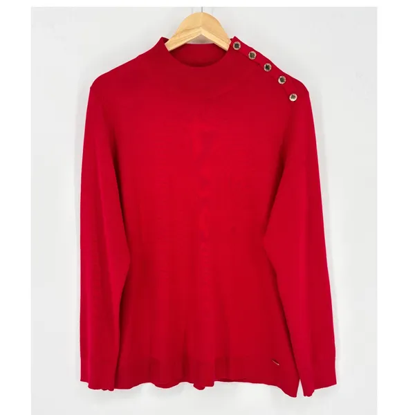 Calvin‎ Klein Sweater Women Large Red Mock Neck Button Shoulder Knit Long Sleeve - Image 2