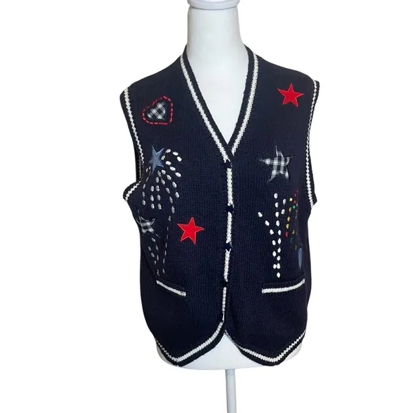 Vintage Robin Sinkler Fireworks Stars‎ Knit Embroidered Vest Medium Patriotic - Image 2