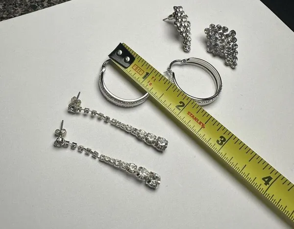 Sparkly Clear Rhinestone Pierced Earrings Lot Of 3 Dangle Hoop Stud Silver Tone - Image 6