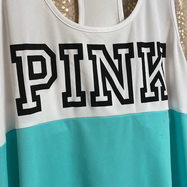 PINK Victoria’s Secret white/light teal black logo tanktop, size L - Image 2