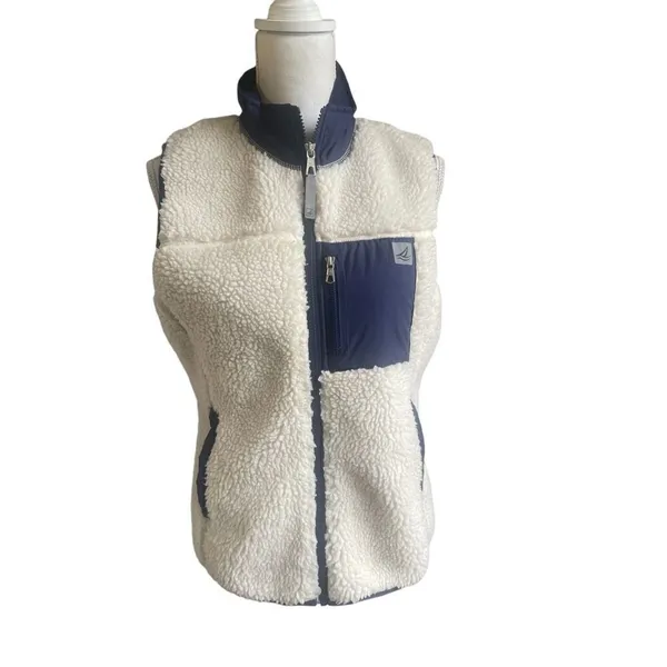 COPY - Sperry Topsider Full Zip Sherpa Fleece Vest Navy Tan Size M - Image 11