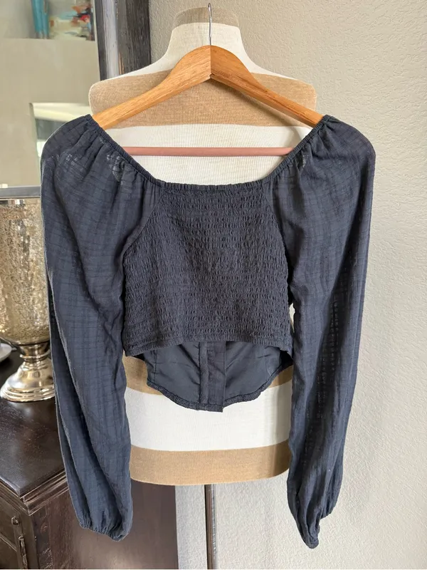 American Eagle Corset Tie Puff Sleeve Boho Cotton Crop cottage core Top L - Image 5