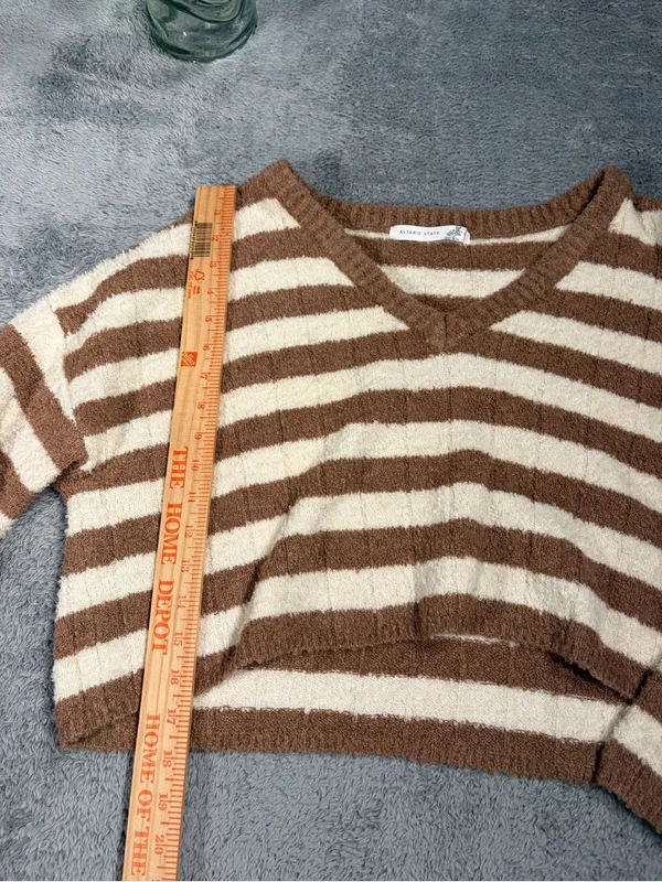 Altar'd State Cozy Striped V-Neck Cropped Sweater - Cream & Brown medium - Image 3