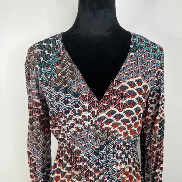 Maeve by Anthropologie Geometric Quirky Printed 70s Long Sleeve Dress SzXS - Image 3