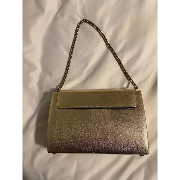Vintage Gold Metallic Evening Clutch Bag Women Gold‎ Chain Strap Structured - Image 2