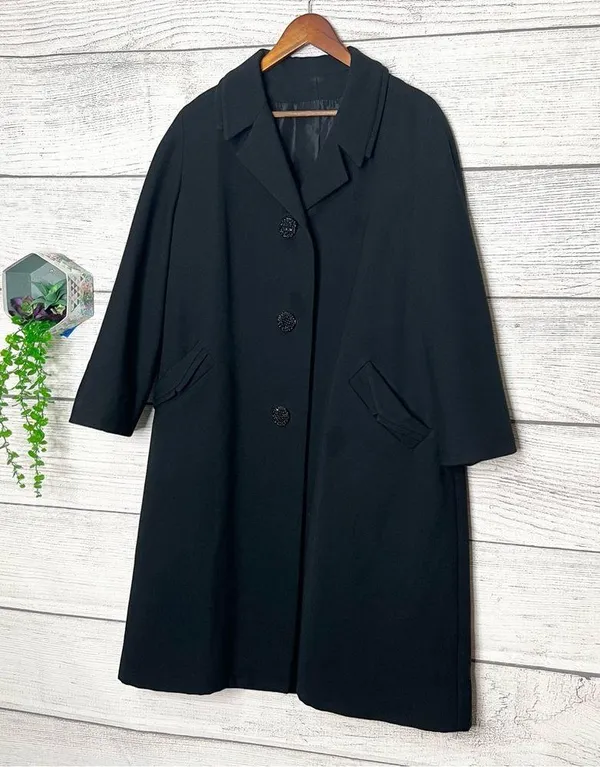 Vintage Black Wool Blend Winter Overcoat with Jeweled Buttons Size XL - Image 2