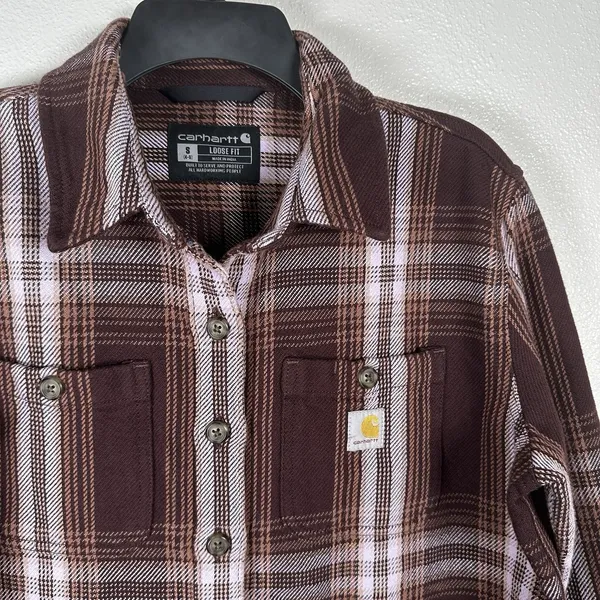 Carhartt Loose Fit Twill Shacket Womens Size Small Brown Plaid Cotton TW5991-W - Image 2