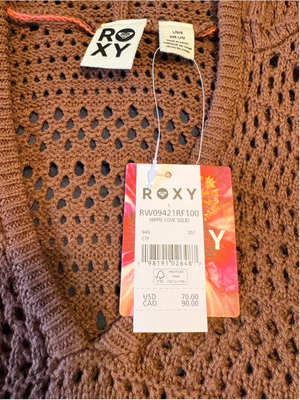 Roxy Hippie Love Open Knit Hooded Sweater Size L NWT (25” PTP) Mocha - Image 11