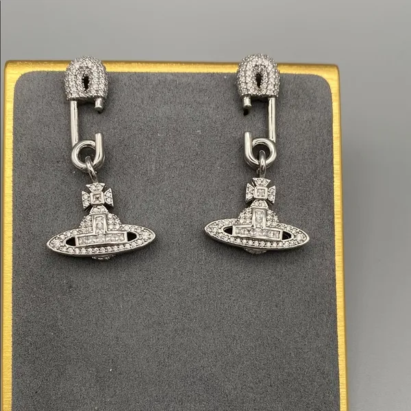 Vivienne Westwood Silver Tone Safety Pin Earrings w Drop Orb. Crystal encrusted - Image 2