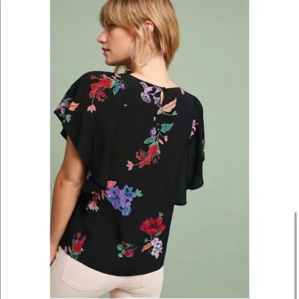 Anthropologie Maeve Prato Flutter Sleeve Black Floral Tunic - Image 2