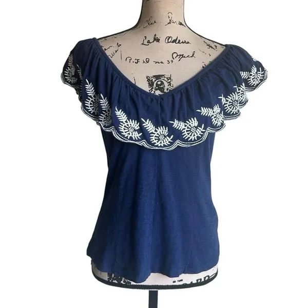 Anthropologie Moulinette Soeurs Embroidered Nautical Navy Sz Medium Top - Image 6