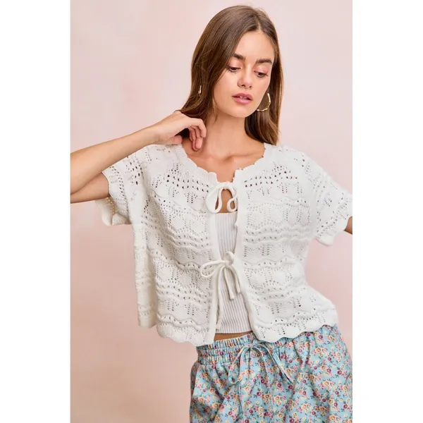 BiBi Front Bow Tie Detail Pointelle Knit Top - Ivory - XL - Image 11