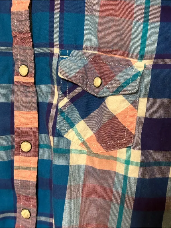 American Eagle Plaid Flannel Snap Button Front Shirt Blue Pink Women's Small - Image 5