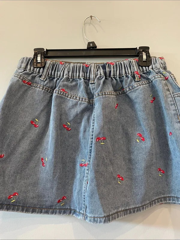 Denim Mini Skirt with Red Cherry Embroidery xl - Image 3