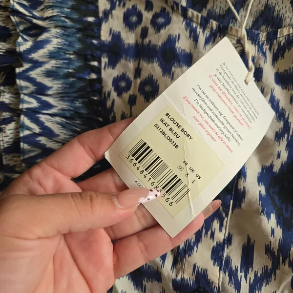 Sezane Boby Ruffle Blouse in Ikat Blue Size: 36 NEW - Image 9