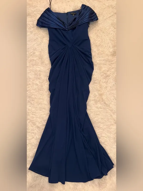 NEW Tadashi Shoji Seraphine Pleated Portrait Collar navy blue Gown Sz 14 - Image 7
