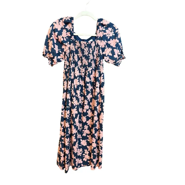 The Nines By Hatch Pink Floral Smocked Midi Dress‎ Puff Sleeve XS - Image 2