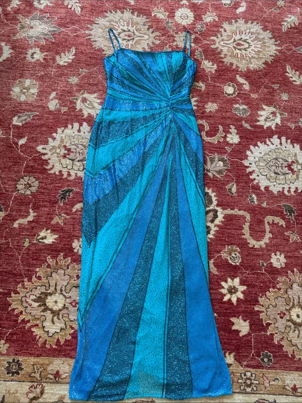 Teal & Blue Ruched Spaghetti-Strap Evening Gown - Image 2