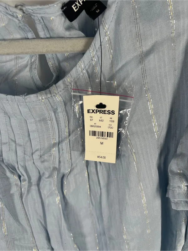Express NWT Metallic Stripe Flutter Sleeve Pintuck Blouse Blue Size M - Image 3