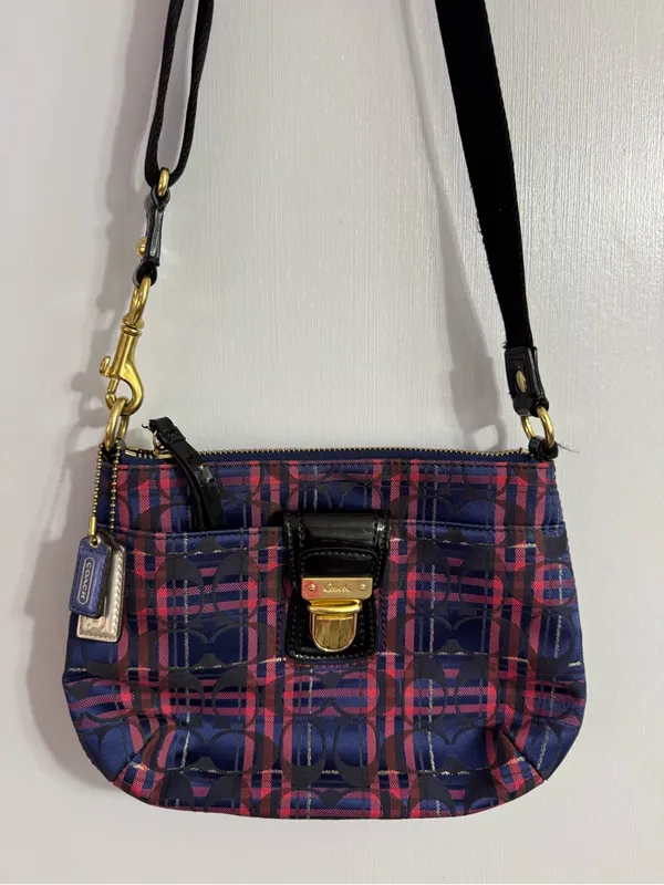 Coach Navy and Pink Plaid Crossbody - Image 5
