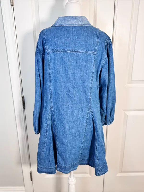 Free People Get Free Denim Mini Dress S Godet Swing Puff Sleeve Pockets Cotton - Image 3