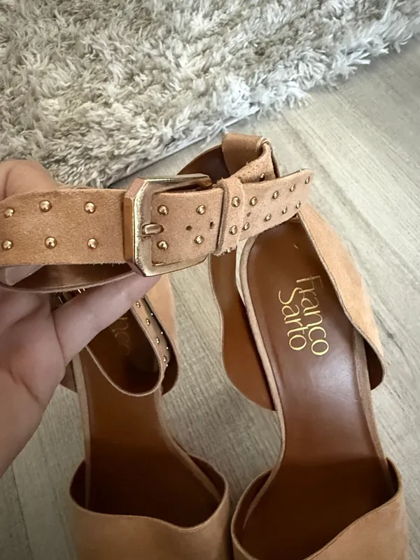 Franco Sarto Tan Suede Peep-Toe Ankle Strap with Brown Heels Size 8.5 - Image 5